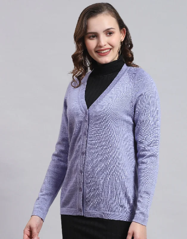 Women Purple Solid V Neck Full Sleeve Sweater