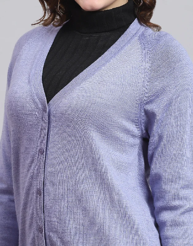 Women Purple Solid V Neck Full Sleeve Sweater