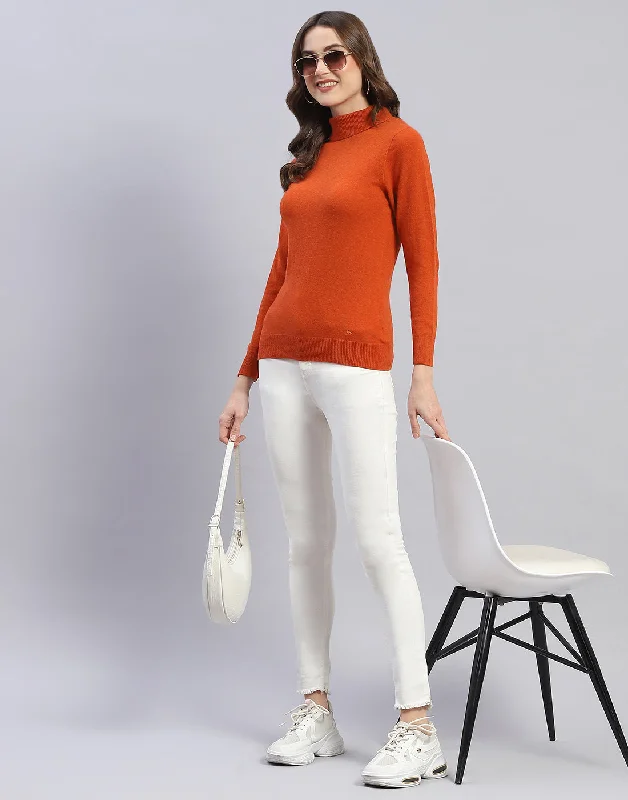 Women Rust Solid H Neck Full Sleeve Sweater