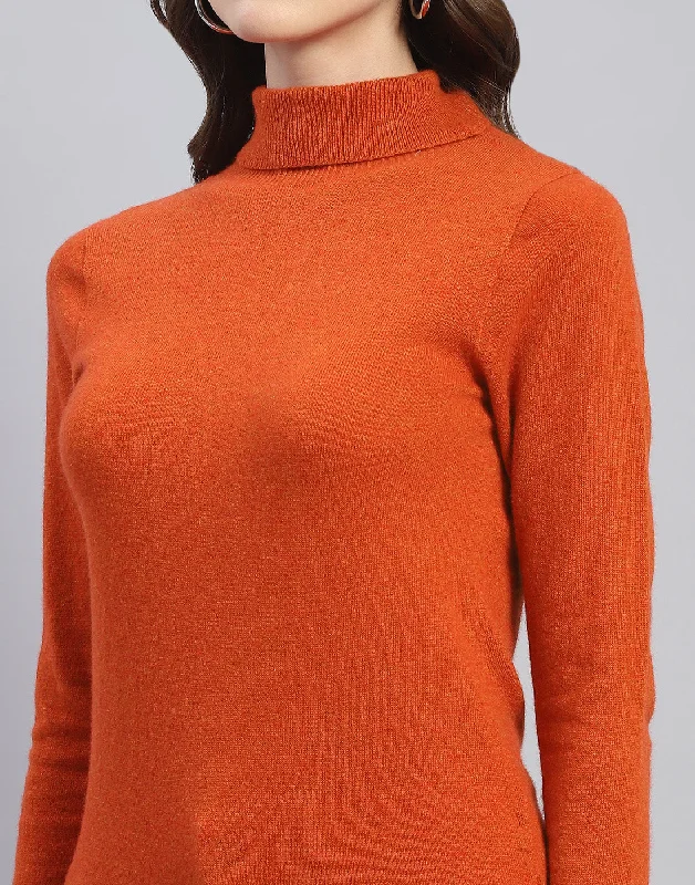 Women Rust Solid H Neck Full Sleeve Sweater