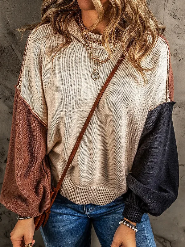 Women's Colorblock Bishop Sleeve Sweater in Coffee