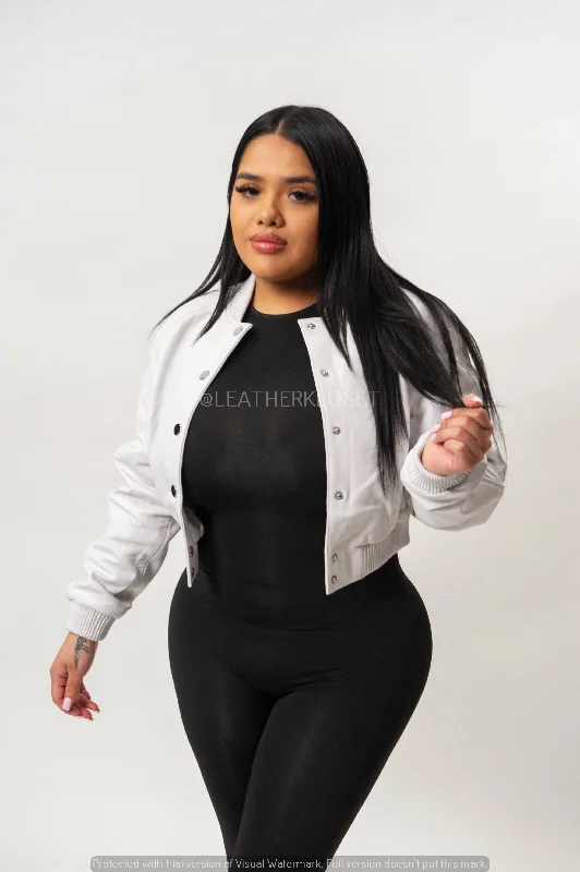 Women's Crop Leather Varsity Jacket [White]