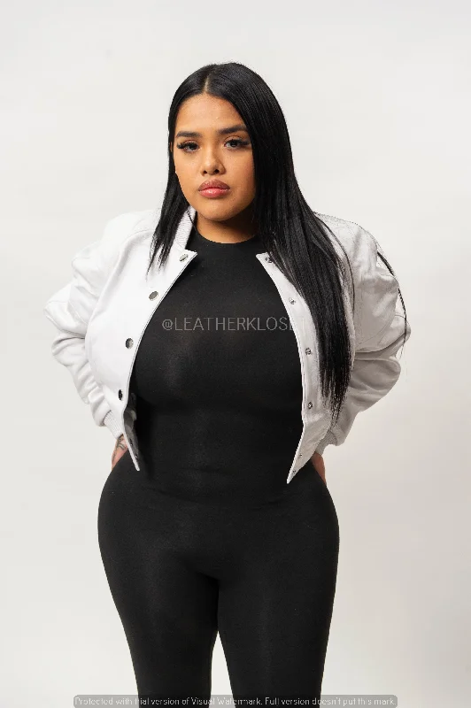 Women's Crop Leather Varsity Jacket [White]