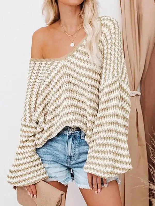 Women’s Dramatic Off The Shoulder Cropped V Neck Sweater With Wide Bell Sleeves