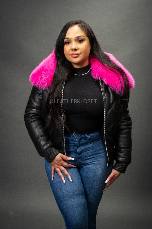 Women's V-Bomber Black Premium Fox Fur Collar [Pink Fox]