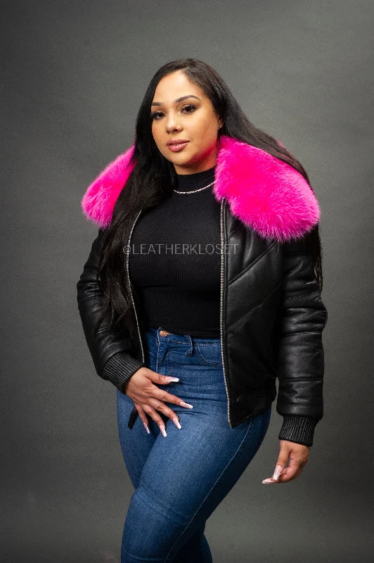 Women's V-Bomber Black Premium Fox Fur Collar [Pink Fox]