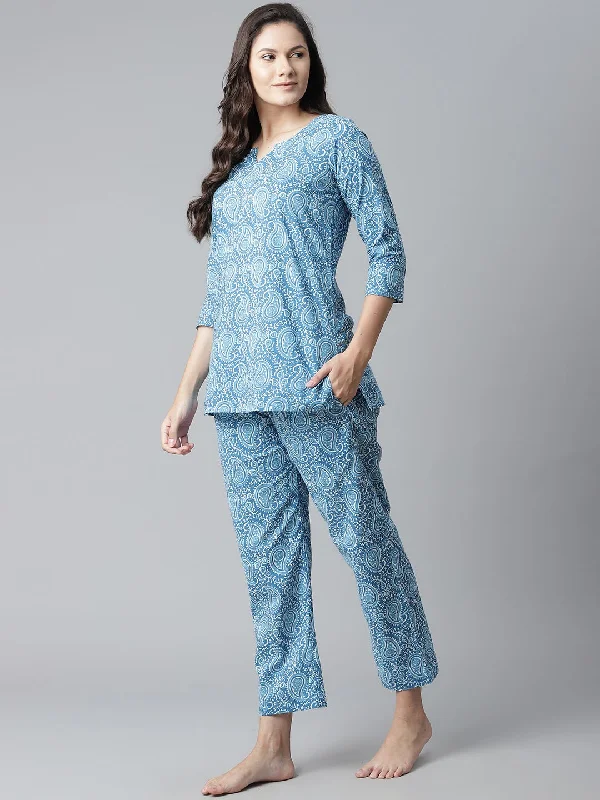 Blue Printed Cotton Nightwear