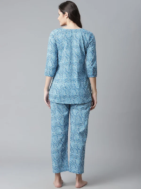 Blue Printed Cotton Nightwear