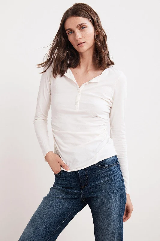 Fan Gauzy Whisper Long Sleeve Henley Tee (White)