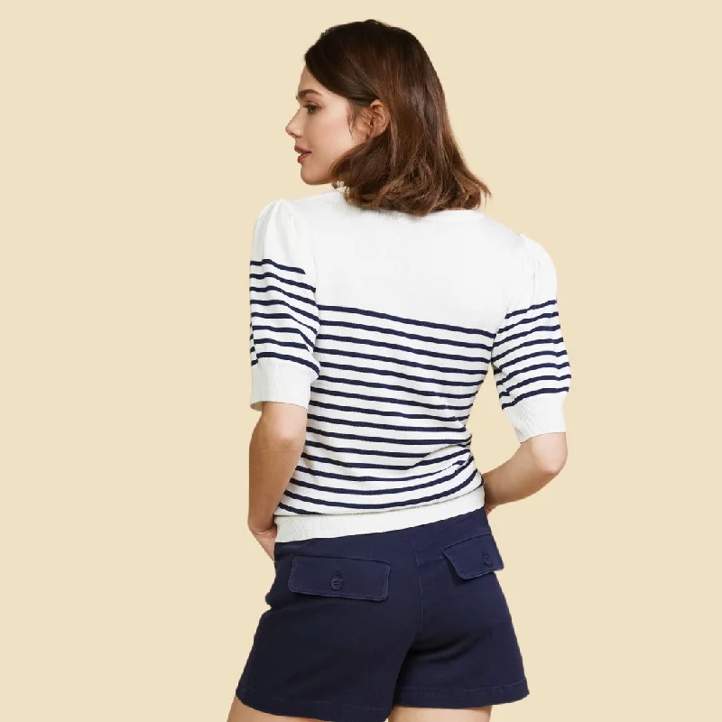 Knit Stripe Short Sleeve Top (White Navy)