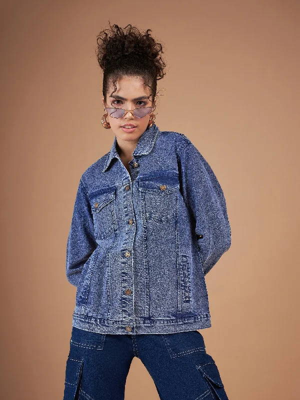 Women Navy Washed Denim Oversized Jacket