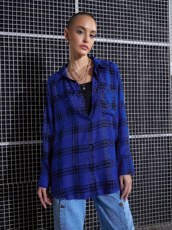 Women Royal Blue Yarn Dyed Check Oversized Shirt