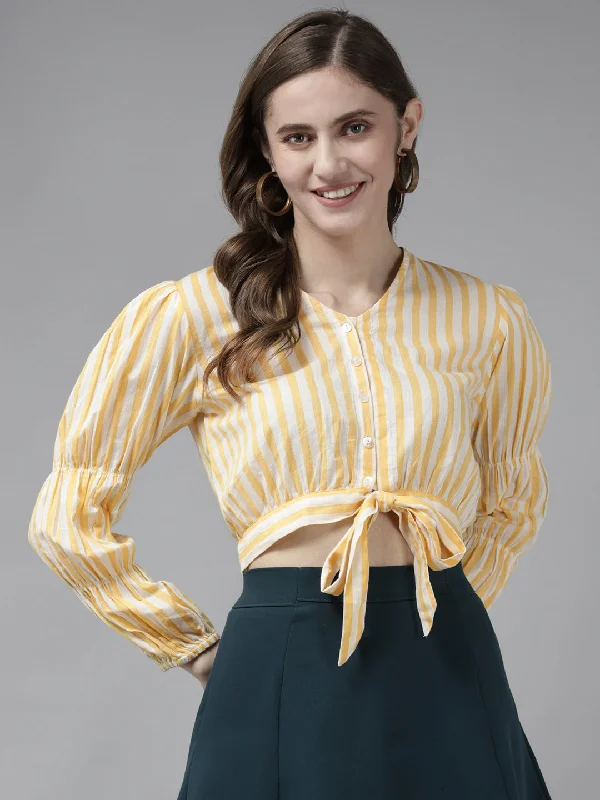 Yellow Strip Front Open Full Sleeve Top