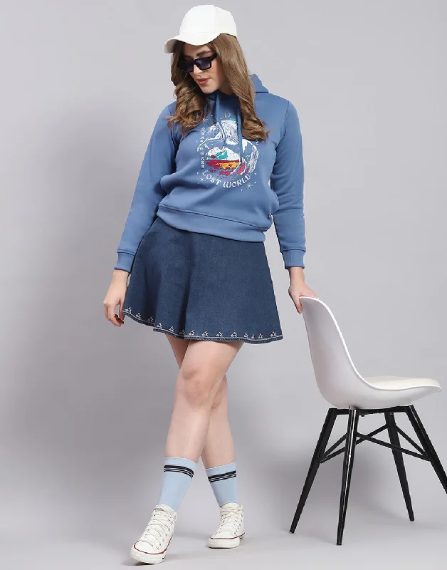 Women Blue Printed Hooded Full Sleeve Sweatshirt