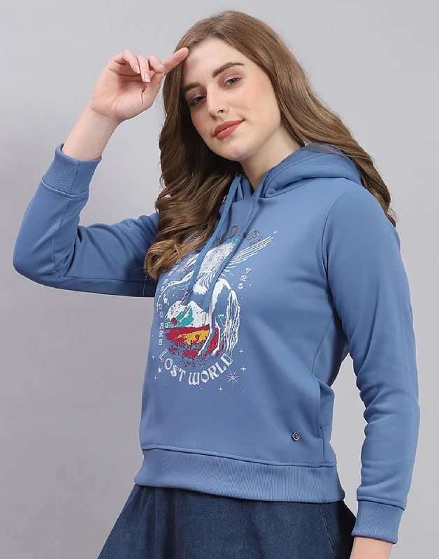 Women Blue Printed Hooded Full Sleeve Sweatshirt