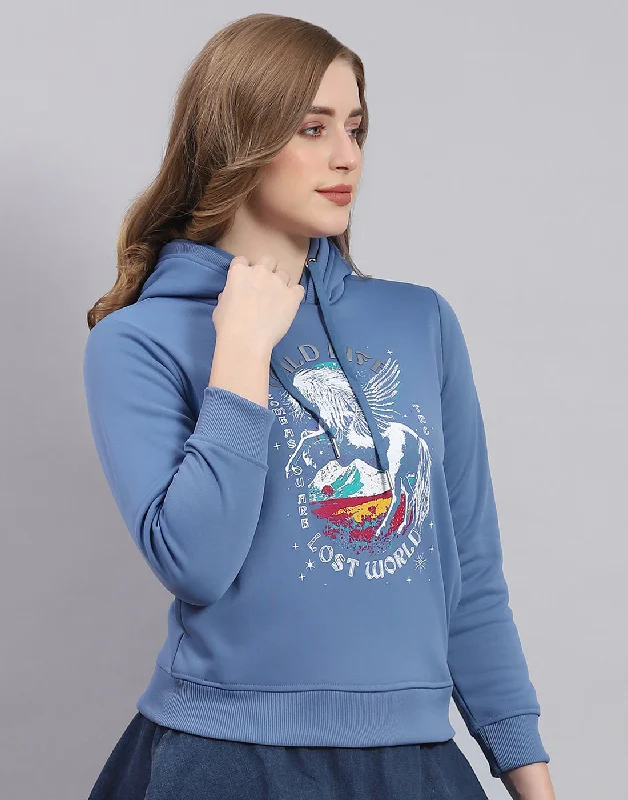 Women Blue Printed Hooded Full Sleeve Sweatshirt