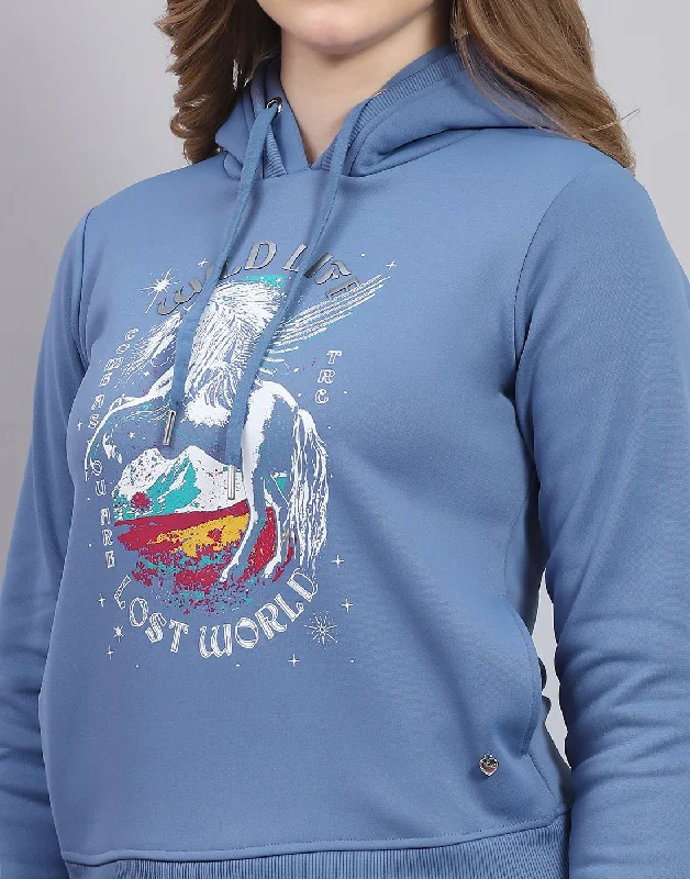 Women Blue Printed Hooded Full Sleeve Sweatshirt