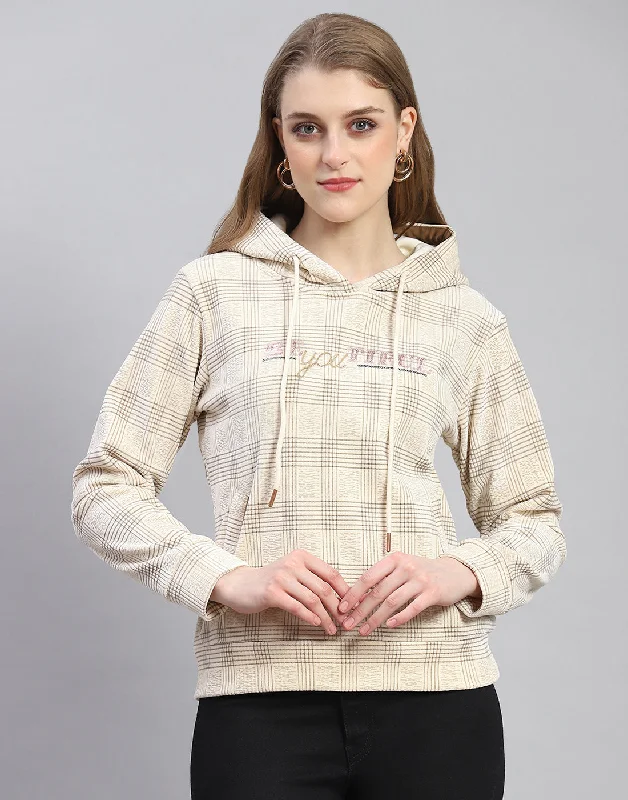 Women Cream Embroidered Hooded Full Sleeve Sweatshirt