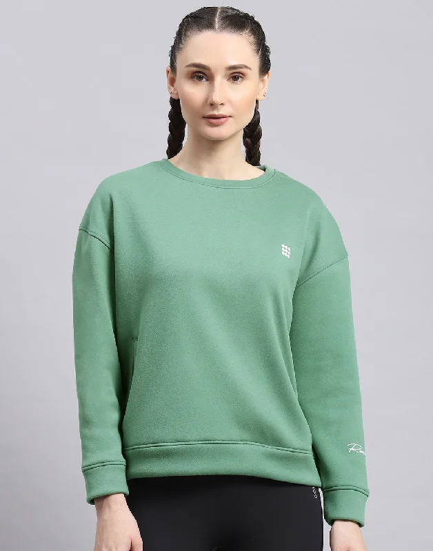 Women Green Solid Round Neck Full Sleeve Sweatshirt