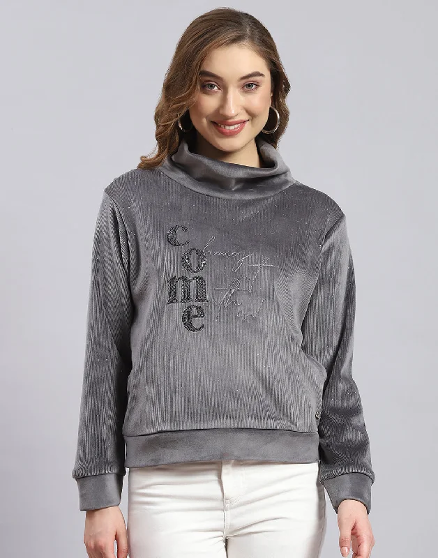 Women Grey Embroidered H Neck Full Sleeve Sweatshirt