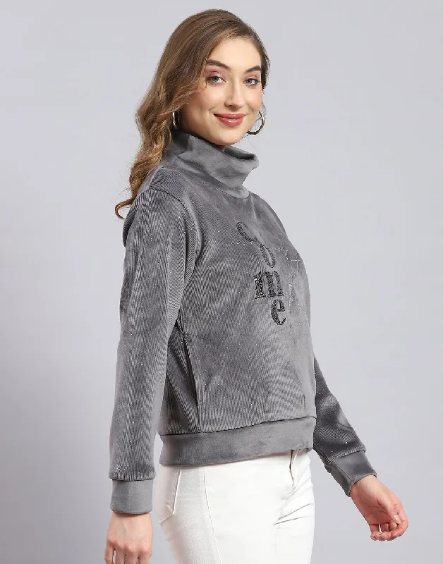 Women Grey Embroidered H Neck Full Sleeve Sweatshirt