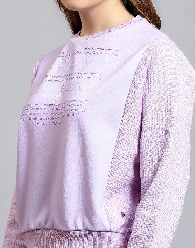 Women Purple Printed Round Neck Full Sleeve Sweatshirt