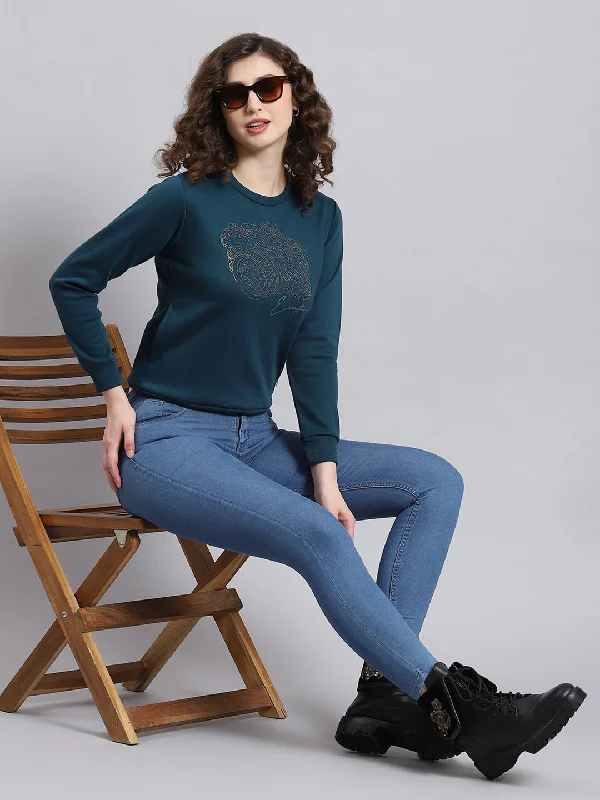 Women Teal Blue Printed Round Neck Full Sleeve Sweatshirt