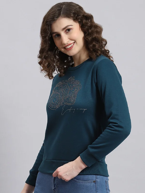 Women Teal Blue Printed Round Neck Full Sleeve Sweatshirt