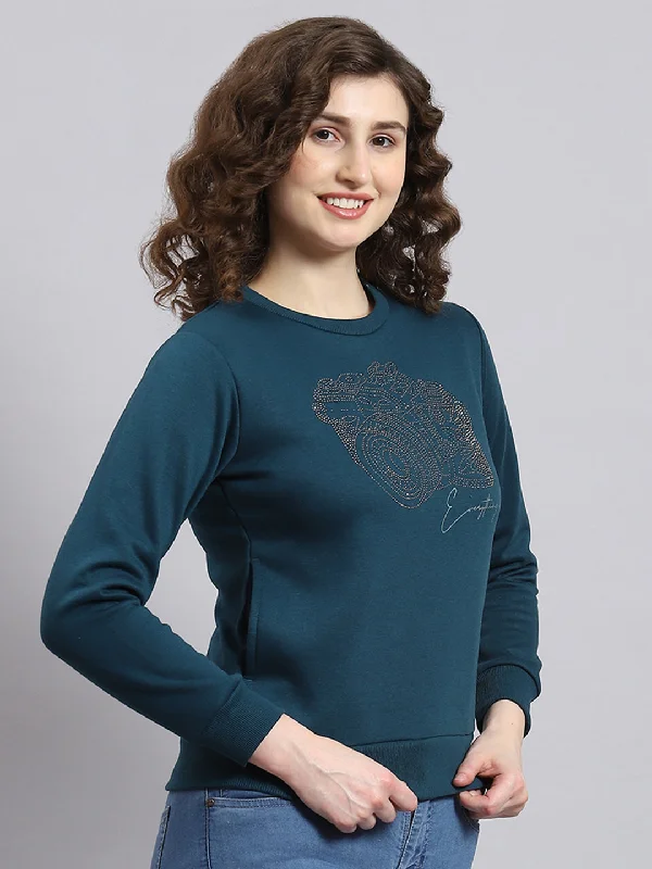 Women Teal Blue Printed Round Neck Full Sleeve Sweatshirt