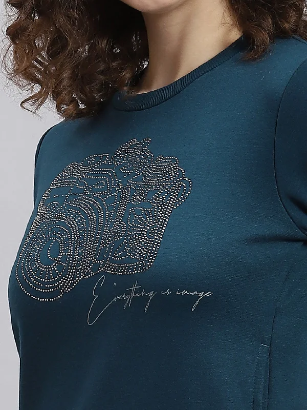 Women Teal Blue Printed Round Neck Full Sleeve Sweatshirt