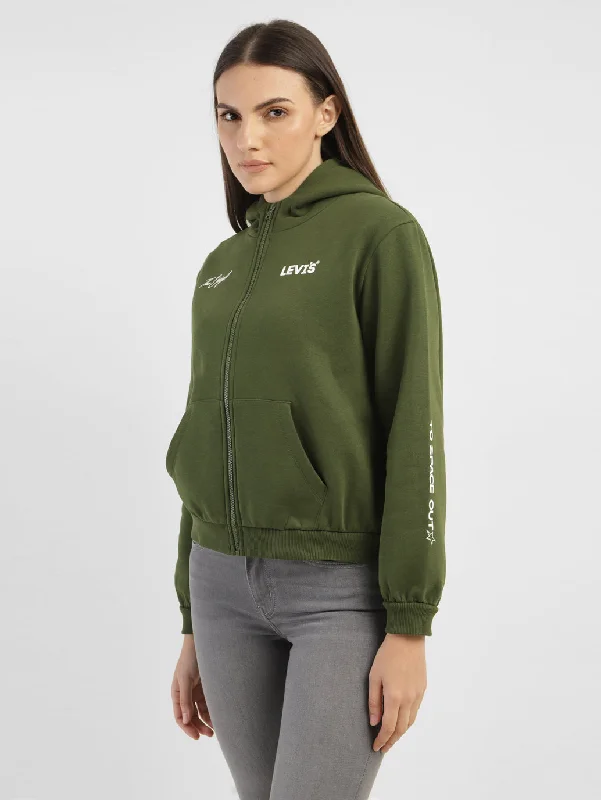 Women's Alphanumeric Print Green Hooded Sweatshirt